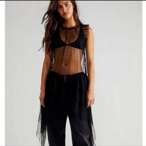 Free People Dresses & Skirts - Free People Mia Mesh Maxi Top Rich Black Sheer Ruffle Embrodiery Dress
